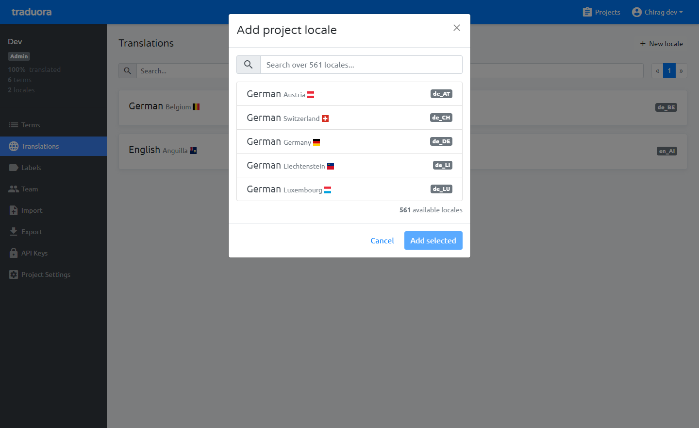 Add project locale Screenshot